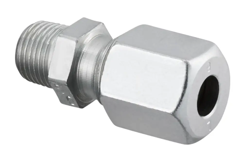 Gerade Einschraubverschraubung von Oventrop aus verzinktem Stahl mit einem Schneidringanschluss. Das Produkt hat eine hexagonale Form und eine gefräste Oberfläche.